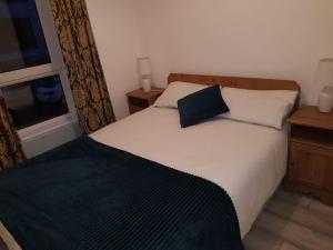 多尼戈尔Ardara Town centre 2 Bed Apt的卧室配有白色的床和蓝色枕头