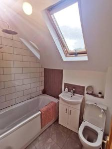 曼彻斯特Detached house with gated parking in Whalley Range的浴室配有卫生间、水槽和天窗。
