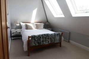 锡德茅斯The Old Scout Hut, Sidmouth的一间卧室配有一张带天窗的大床