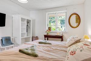 HavnsøSkortskær Bondegårdsferie的一间卧室配有一张床、一张书桌和一个窗户。