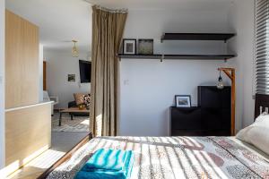 尼科西亚Cosy Apart at Lykavitos的一间卧室设有一张床和一间客厅。