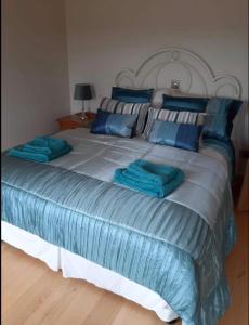 德拉姆尚博The Lake House的一张配有蓝色床单和蓝色枕头的大床