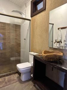阿拉夏奇巴海滩Casa da Ilha的一间带卫生间和玻璃淋浴间的浴室