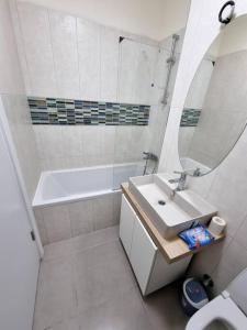 奥托佩尼Apartament CWA 2 Aeroport Otopeni的一间带水槽、浴缸和镜子的浴室