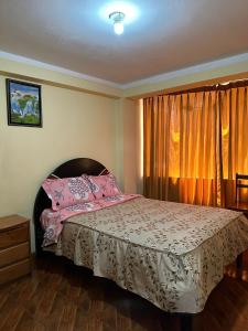 库斯科Hospedaje Qorichaska's的一间卧室配有一张带粉色床单的床和一扇窗户。