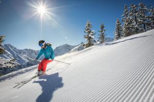 布兰德Familienferienwohnung Zentral by A-Appartments的女人在雪覆盖的斜坡上滑雪