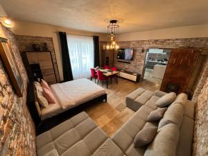 巴亚马雷Casa Armoniei的带沙发的客厅和用餐室