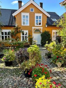 拉尔维克Tollgaarden Gjestegaard的前面有鲜花的黄色房子