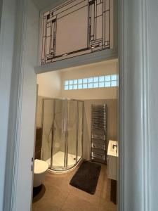 卡罗维发利唯高夫公寓的带淋浴、卫生间和盥洗盆的浴室