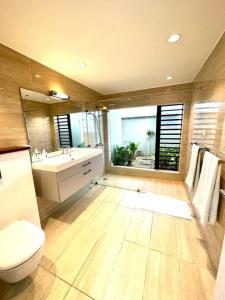 Bois ChériAvalon Golf Villa的一间带卫生间、水槽和镜子的浴室
