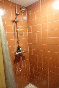 MörarpAttic apartment on countryside的带淋浴的橙色瓷砖浴室