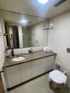 萨尔瓦多Ondina Apart Hotel - Apto 419的一间带水槽、卫生间和镜子的浴室