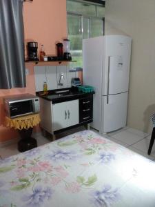 安格拉杜斯雷斯Apartamento em Chácara Aconchegante的一间带冰箱和炉灶的小厨房