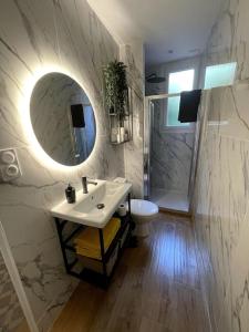 土伦T2 au calme - Stationnement facile - Proche gare的一间带水槽、镜子和卫生间的浴室