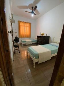 坎普斯戈伊塔卡济斯Casa acolhedora e familiar的一间卧室配有一张床、梳妆台和风扇