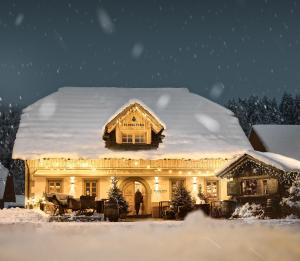 克拉尼斯卡戈拉Hotel Pino Alpino的雪覆盖着的房屋,里面装着灯