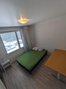 图尔库Central Park Home的小房间设有绿色的床和窗户