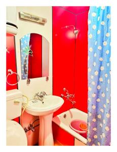 斯利那加Gulbahaar Group Of HouseBoats的浴室设有红色的墙壁、水槽和卫生间