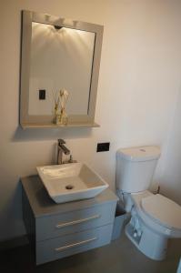 莱维顿North Breeze Guest House的一间带水槽、卫生间和镜子的浴室
