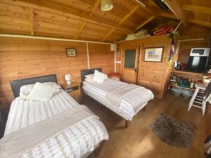斯莱戈Carrowkeel Cabin的小木屋内一间卧室,配有两张床