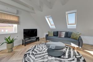 索波特Lion Apartments - Comfy Sopot Family House的带沙发和地毯的客厅