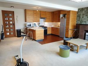 小樽Bay View House private room / Vacation STAY 3667的厨房配有木制橱柜和炉灶烤箱。