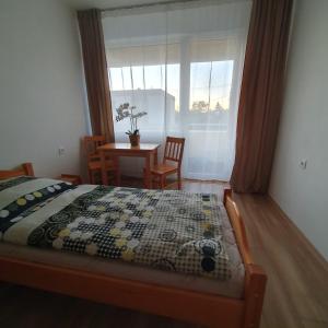 托波尔恰尼Ubytovanie FUNSTAR Topoľčany的一间卧室配有一张床、一张桌子和一个窗户。
