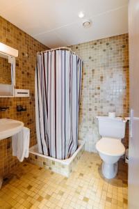 雷克罗塞Camp Suisse @ The Télécabine的一间带卫生间和淋浴帘的浴室