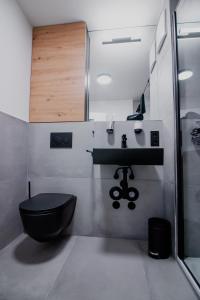 罗伊特林根KOCAK - Exklusives Apartment in Zentrumsnähe的浴室设有黑色的卫生间和水槽。