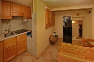 萨奥兹-杜尔克斯艾达公寓的厨房配有木制橱柜和黑色冰箱。