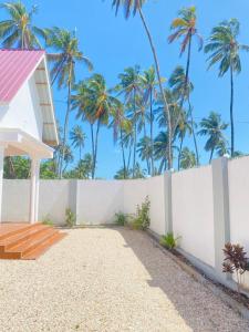 江比阿Nakupenda House的背景是棕榈树的白色围栏