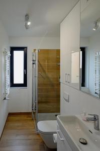 什切尔克Apartament Queen - 200 m od wyciągu - Dream Apart的带淋浴、卫生间和盥洗盆的浴室