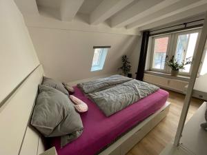 康斯坦茨Ferienwohnungen zu St. Johann的小卧室配有一张带紫色床单的床和窗户