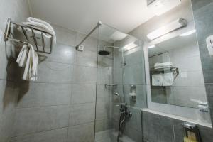 尼什Hotel Nais的带淋浴的浴室和玻璃门