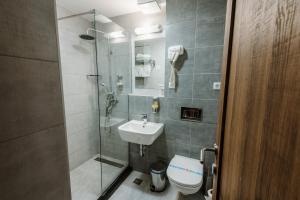 尼什Hotel Nais的带淋浴、盥洗盆和卫生间的浴室