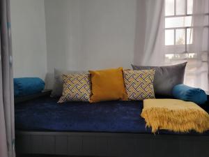 金贾Rozy homes Jinja的蓝色的沙发,上面有枕头,还有窗户