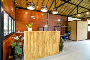 暹粒Daisy Angkor Bungalow的木墙办公室和盆栽柜台