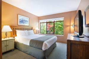 惠斯勒Whistler Vacation Club at Twin Peaks的一间卧室设有一张床、一台电视和一个窗口。