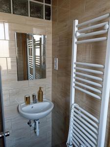 福纽德Villa Fonyód的一间带水槽和镜子的浴室