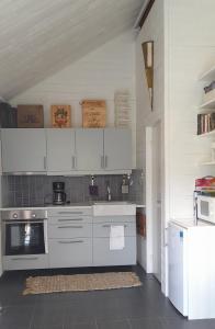 KlövedalThe Studio的厨房配有白色橱柜和炉灶。