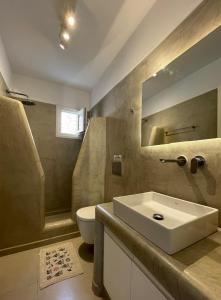 卡拉法蒂斯Venus Myconian Residences的一间带水槽、卫生间和镜子的浴室