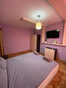 特尔戈维什特Luxury Apartment near Varna, located in Targovishte的一间卧室配有一张床和紫色的墙壁