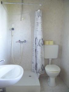 Dane农场旅馆的浴室设有卫生间、水槽和淋浴帘