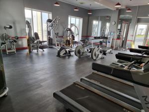 拉尔Lucy's Lodge的一间健身房,里面配有跑步机和机器