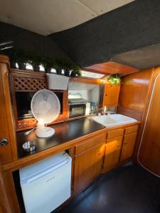 希洪Experiencia en el mar Gijon M的厨房配有风扇、水槽和微波炉。