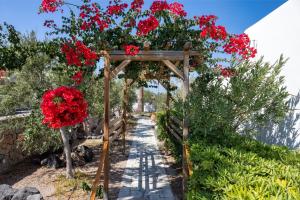 VourvoúlosAnema Boutique Hotel & Villas Santorini的一座花园,在木凉亭上种着红色的鲜花