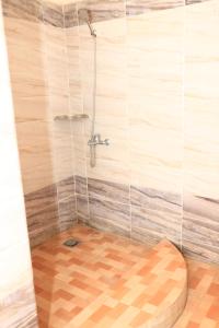 卢克索Luxor Nile View Flats的浴室铺有木地板,设有淋浴。