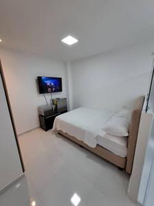 瓜亚基尔Linda Suite minimalista的一间卧室配有一张床和一台平面电视