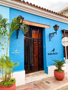 圣玛尔塔Maria Mulata Boutique Hotel的蓝色的建筑,有门
