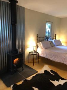 都柏林Willow Lodge的一间卧室配有一张床和一个燃木炉子